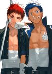  2boys abs absurdres aged_down aomine_daiki bandage_on_face bandages bandaid bandaid_on_navel belt bishounen black_jacket blue_eyes blue_hair buttons carrying_pole collared_jacket hand_to_own_mouth highres jacket kagami_taiga kuroko_no_basuke light_smile looking_at_viewer male_focus mirin_(coene65) multiple_boys open_clothes open_jacket parted_lips red_eyes redhead simple_background teeth white_background 