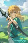  1boy absurdres aiming_at_viewer archaic_set_(zelda) arrow_(projectile) bird blonde_hair blue_eyes blurry bow_(weapon) clouds day depth_of_field drawing_bow earrings floating_clothes floating_hair glint grass hair_between_eyes highres holding holding_bow_(weapon) holding_weapon incoming_attack jewelry link looking_at_viewer male_focus meadow medium_hair outdoors outstretched_arm pointy_ears qianben_shan sky solo the_legend_of_zelda the_legend_of_zelda:_tears_of_the_kingdom upper_body weapon wind 