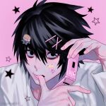  1boy amane_misa bags_under_eyes biting black_eyes black_hair death_note gyuing666 hair_between_eyes hair_ornament highres holding holding_phone l_(death_note) long_sleeves looking_at_viewer male_focus phone pink_background shirt short_hair star_(symbol) thumb_biting thumb_to_mouth white_shirt x_hair_ornament yagami_light 