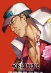  1boy black_hair close-up collared_jacket dai-xt flower frown hat jacket looking_at_viewer male_focus manly mature_male one_piece open_clothes open_shirt pectorals red_background rose sakazuki_(akainu) shirt short_hair simple_background solo tattoo 