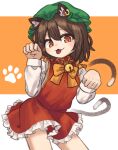  1girl :3 :p animal_ears cat_ears cat_tail chen dress earrings hat jewelry mob_cap multiple_tails nekomata petite red_dress simple_background single_earring solo strangenovel tail tongue tongue_out touhou two_tails white_background 
