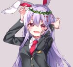  1girl :d blood crown_of_thorns grey_background happy highres long_hair meimei_(meimei89008309) open_mouth purple_hair red_eyes reisen_udongein_inaba simple_background smile solo thorns touhou very_long_hair 