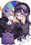  1girl :3 absurdres adjusting_eyewear beret dress glasses halo hat highres hololive hololive_english long_hair long_sleeves looking_at_viewer ninomae_ina&#039;nis official_alternate_costume open_mouth paint paintbrush palette_(object) pointy_ears purple_hair smile sumisumire00 takodachi_(ninomae_ina&#039;nis) tentacle_hair violet_eyes virtual_youtuber 