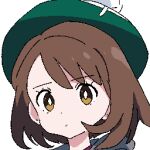  1girl bob_cut bright_pupils brown_eyes brown_hair cardigan closed_mouth commentary cutefires eyelashes gloria_(pokemon) green_headwear grey_cardigan hat hood hood_down hooded_cardigan lowres pixel_art pokemon pokemon_(game) pokemon_swsh portrait short_hair simple_background solo tam_o&#039;_shanter white_background white_pupils 