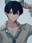  1boy animal_ears arm_up blue_background blue_eyes blue_hair blue_lock cat_boy closed_mouth collarbone collared_shirt frown highres isagi_yoichi jewelry long_sleeves looking_at_viewer male_focus na_su shirt short_hair simple_background v-shaped_eyebrows white_shirt 