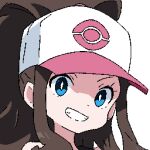  1girl baseball_cap blue_eyes bright_pupils brown_hair commentary cutefires eyelashes grin hat high_ponytail hilda_(pokemon) looking_at_viewer lowres pink_headwear pixel_art pokemon pokemon_(game) pokemon_bw portrait sidelocks smile solo teeth two-tone_headwear white_background white_headwear white_pupils 