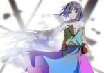  1girl bag blurry blurry_background cape closed_mouth commentary_request highres looking_at_viewer maisuiren multicolored_clothes multicolored_hairband solo standing tears tenkyuu_chimata touhou violet_eyes white_background white_cape 