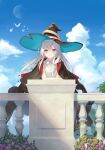  1girl absurdres against_railing azuuru bird black_cape black_headwear blue_bow blue_eyes blue_headwear blue_sky blush bow braid bush cape clouds cover cover_image crossed_arms elaina_(majo_no_tabitabi) flower hair_bow hat highres leaning_forward long_hair looking_at_viewer majo_no_tabitabi moon novel_illustration official_art open_mouth outdoors pink_flower railing second-party_source sky smile solo talisman textless_version tree two-sided_fabric two-sided_headwear white_hair witch_hat 