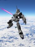  3d aircraft anksha beam_cannon beam_saber blue_sky clouds commentary_request flying gundam gundam_unicorn highres machinery mecha mobile_suit no_humans photo_background realistic robot ryo217 science_fiction sky spacecraft starfighter thrusters transformation unicorn_gundam when_you_see_it 