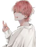  1boy blue_eyes earrings hand_up highres jewelry long_sleeves looking_at_viewer male_focus middle_finger pink_hair sanzu_haruchiyo scar scar_on_face short_hair simple_background sleeves_past_wrists smile snnniki solo sweater tokyo_revengers upper_body white_background white_sweater 