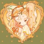  1girl artist_name blonde_hair blush closed_eyes closed_mouth comcomblue commentary_request facing_viewer flower flower_wreath green_background hair_flower hair_ornament heart highres long_hair orange_flower orange_ribbon original ribbon solo sparkle twintails upper_body 
