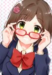  1girl blue_jacket blush bow bowtie breasts brown_hair dot_nose flower green_eyes grin hair_flower hair_ornament hands_up highres holding holding_eyewear idolmaster idolmaster_cinderella_girls idolmaster_cinderella_girls_starlight_stage jacket looking_at_viewer maekawa_miku medium_breasts pink-framed_eyewear pink_background polka_dot polka_dot_background red_bow red_bowtie school_uniform shirt short_hair smile solo tori_ririsu upper_body white_shirt 