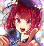  1girl :d a_dec144 arima_kana beret blue_ribbon blunt_bangs blurry blurry_foreground blush chromatic_aberration flower hat hat_flower hat_ribbon highres holding holding_microphone idol idol_clothes lens_flare light_particles looking_at_viewer microphone music open_mouth oshi_no_ko pointing pointing_at_viewer portrait purple_headwear red_eyes redhead ribbon short_hair sidelocks singing smile solo sparkle twitter_username 