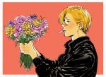  1boy black_jacket blonde_hair bouquet cigarette curly_eyebrows facial_hair flower from_side hair_over_one_eye highres holding holding_flower jacket male_focus one_piece pink_flower profile purple_flower red_background redwind_09 sanji_(one_piece) short_hair simple_background smoking straw_hat_pirates upper_body yellow_flower 