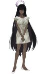  1girl alternate_costume black_hair blue_archive breasts closed_mouth dark-skinned_female dark_skin dress full_body hair_between_eyes halo highres karin_(blue_archive) kawatiw long_hair looking_at_viewer orange_eyes own_hands_together simple_background solo standing striped striped_dress very_long_hair white_background white_footwear 