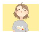  1girl blush brown_background brown_hair closed_eyes clothes_writing english_text facing_viewer fool_iketani grey_shirt highres open_mouth original shirt short_sleeves solo two-tone_background upper_body white_background 