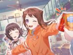 2girls bang_dream! blush brown_hair holding_drink jacket official_art short_hair smile toyama_kasumi ushigome_rimi violet_eyes wink