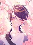  1boy absurdres ahoge black_hair blonde_hair blurry blurry_background blurry_foreground blush branch cardigan cherry_blossoms commentary english_commentary eyelashes falling_petals fingernails flower grin hair_between_eyes hand_up highres holding holding_flower light_particles light_rays long_fingernails long_hair looking_at_viewer male_focus mochigome_(yum) multicolored_hair nail_polish nijisanji nijisanji_en off_shoulder open_cardigan open_clothes parted_bangs petals pink_flower pink_hair purple_cardigan purple_hair red_nails shirt shu_yamino sidelocks smile solo streaked_hair swept_bangs teeth upper_body v-shaped_eyebrows violet_eyes virtual_youtuber white_shirt 