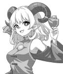  1girl breasts bright_pupils commentary curled_horns earrings greyscale hair_ribbon horn_ornament horn_ribbon horns jewelry looking_at_viewer monochrome onkn_sxkn pointy_ears ribbon sharp_teeth sheep_horns short_hair solo teeth touhou toutetsu_yuuma upper_body 