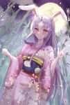  1girl alternate_costume animal_ears bamboo bamboo_forest closed_mouth commentary_request ellen_drawing floral_print forest full_moon highres japanese_clothes kimono long_hair long_sleeves looking_at_viewer moon nature outdoors parted_bangs pink_kimono purple_hair rabbit_ears rabbit_girl red_eyes reisen_udongein_inaba sash signature solo touhou wide_sleeves 