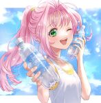  1girl akira_ituki blush bottle bottle_to_cheek camisole clouds flat_chest green_eyes hair_behind_ear hair_intakes holding holding_bottle looking_at_viewer macross macross_7 mylene_jenius open_mouth pink_hair pointy_ears ponytail sky smile solo tank_top water_bottle white_tank_top yellow_camisole 