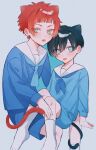  2boys :p aged_down black_hair blue_eyes blue_lock blue_shirt blue_shorts brothers cat_tail feet_out_of_frame full_body grey_background highres itoshi_rin itoshi_sae long_sleeves looking_at_viewer male_focus multiple_boys na_su redhead shirt short_hair shorts siblings simple_background sitting socks tail tongue tongue_out white_socks 