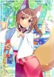  1girl animal_ear_fluff animal_ears blurry blurry_background blush bow brown_eyes brown_hair closed_mouth commentary_request commission depth_of_field double_fox_shadow_puppet fox_ears fox_girl fox_shadow_puppet fox_tail hair_between_eyes hakama hakama_skirt hands_up head_tilt japanese_clothes kimono kou_hiyoyo long_hair long_sleeves looking_at_viewer original pink_bow red_hakama side_ponytail sidelocks skeb_commission skirt smile solo tail white_kimono wide_sleeves 