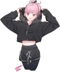  1girl abae black_hoodie black_pantyhose black_shorts earrings hood hood_up hoodie jewelry looking_at_viewer original pantyhose pantyhose_under_shorts pink_eyes pink_hair short_shorts shorts smile stud_earrings tongue tongue_out usami_iori 