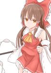  1girl bare_shoulders bow breasts brown_eyes brown_hair closed_mouth frilled_bow frills gohei hair_bow hakurei_reimu highres holding holding_gohei japanese_clothes long_hair long_sleeves looking_at_viewer miko neckerchief nontraditional_miko red_bow red_shirt red_skirt ribbon-trimmed_sleeves ribbon_trim shirt simple_background skirt solo touhou white_background wide_sleeves yellow_neckerchief yojouhan_0000 