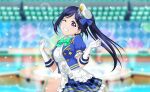 blue_hair blush dress long_hair love_live!_school_idol_festival_2 love_live!_sunshine!! matsuura_kanan ponytail smile violet_eyes wink