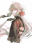  1boy androgynous ankou_(shuuen_no_virche) bishounen black_shirt bow braid closed_mouth crown_braid grey_hair hair_bow highres long_hair long_sleeves looking_at_viewer male_focus multicolored_shirt red_bow red_eyes red_shirt rendong06 shirt shuuen_no_virche sketch solo twitter_username 