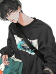  1boy absurdres bag black_hair black_sweater blue_eyes cigarette closed_mouth en_(e898n) hatsune_miku highres long_sleeves looking_at_viewer male_focus mouth_hold original shopping_bag short_hair simple_background sleeves_past_wrists solo sweater white_background 