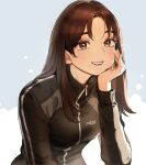  1girl beautiful_gunbari black_jacket breasts brown_eyes brown_hair commission grey_background hand_on_own_cheek hand_on_own_face highres jacket long_hair long_sleeves parted_bangs pyojunbe small_breasts smile track_suit upper_body white_background zipper 