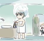  2boys alhaitham_(genshin_impact) basin bathroom blonde_hair chibi closed_mouth expressionless foam genshin_impact green_eyes grey_hair indoors kaveh_(genshin_impact) multiple_boys naked_towel open_mouth shampoo shampoo_bottle soap_bubbles towel walking white_towel xinzoruo 