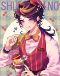  1boy :q absurdres ahoge black_hair blonde_hair blue_background blush bow bowtie brooch brown_background buttons character_name cherry closed_mouth commentary earrings english_commentary eyelashes fingernails food food-themed_earrings frilled_sleeves frills fruit gem hand_up hat hat_ribbon heart highres holding holding_food initial jewelry licking_lips long_fingernails long_hair long_sleeves looking_at_viewer male_focus mini_hat mochigome_(yum) multicolored_hair nail_polish name_tag nijisanji nijisanji_en orange_bow orange_bowtie parfait parted_bangs pink_hair plaid plaid_background pudding pudding_earrings purple_gemstone purple_hair purple_nails red_headwear red_vest ribbon sharp_fingernails shirt shu_yamino sidelocks simple_background smile solo sparkle star_(symbol) streaked_hair striped striped_vest swept_bangs tilted_headwear tongue tongue_out upper_body vertical-striped_vest vertical_stripes vest violet_eyes virtual_youtuber white_background white_ribbon white_shirt 