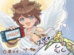  1boy :3 angel angel_wings armband blue_background blue_eyes brown_hair dreaming feathered_wings forehead_jewel handheld_game_console holding holding_handheld_game_console kid_icarus kid_icarus_uprising laurel_crown looking_at_viewer nintendo_switch open_mouth palutena smile sparkle suruga_kanade white_wings wings 