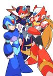 android axl axl_(mega_man) blonde_hair blue_eyes full_body green_eyes helmet highres long_hair low_ponytail male_focus mega_man_(series) mega_man_x_(character) mega_man_x_(series) standing very_long_hair x_(rockman) zero_(mega_man) zero_(rockman) zu_mame