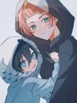 2boys aged_down blue_eyes blue_hair blue_lock blunt_bangs brothers closed_mouth cosplay grey_background highres hood hood_up itoshi_rin itoshi_sae kigurumi long_sleeves looking_at_viewer male_focus multiple_boys na_su open_mouth redhead short_hair siblings simple_background smile 