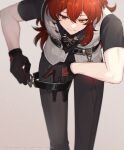  1boy antenna_hair black_gloves black_necktie black_pants closed_mouth diluc_(genshin_impact) genshin_impact gloves hair_between_eyes long_hair looking_down low_ponytail male_focus necktie pants ponytail red_eyes redhead rnknmrm short_sleeves simple_background 