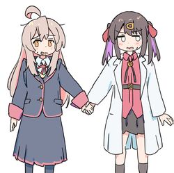  2girls ahoge belt black_hair black_jacket black_pantyhose black_skirt black_socks bolo_tie colored_inner_hair commentary feet_out_of_frame grey_hair hair_ornament hairclip holding_hands jacket jitome lab_coat long_hair long_skirt long_sleeves looking_away multicolored_hair multiple_girls onii-chan_wa_oshimai! open_labcoat open_mouth orange_eyes oyama_mahiro oyama_mihari pantyhose pink_hair purple_hair red_shirt school_uniform shirt siblings simple_background sisters skirt socks sweatdrop tetesudeesu twintails two-tone_hair untucked_shirt wavy_mouth white_background wing_collar 