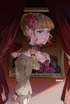  1boy 1girl beatrice_(umineko) blonde_hair blood blue_eyes blunt_bangs bow brown_dress dark_red_hair dress flower formal hair_bun hair_flower hair_ornament highres long_hair long_sleeves looking_at_viewer male_focus necktie pink_bow pink_necktie portrait red_flower red_rose rose short_hair smile suit umineko_no_naku_koro_ni ushiromiya_battler white_suit xiaochong 