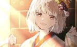  1girl blonde_hair blunt_bangs bob_cut commentary_request hair_ornament highres japanese_clothes kuuu_ilst long_sleeves looking_at_viewer lycoris_recoil nishikigi_chisato open_mouth orange_eyes portrait short_hair solo 