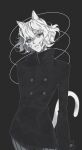  1other absurdres androgynous animal_ears black_background cat_ears cat_tail chimera_ant curly_hair highres hunter_x_hunter long_sleeves looking_to_the_side monochrome neferpitou other_focus paaangya short_hair simple_background solo tail upper_body white_hair 