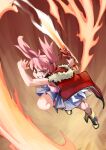  1girl antenna_hair blue_skirt boots bright_pupils cape fighting fire flaming_sword flaming_weapon full_body fur_trim grin hair_ornament highres jumping long_hair midair original pink_eyes pink_hair pink_pupils pink_shirt pink_socks pleated_skirt red_cape rightorisamraido3 shirt skirt sleeveless smile socks solo sword twintails v-shaped_eyebrows weapon 