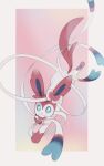  :3 animal_focus blue_eyes blurry border bow bowtie closed_mouth commentary depth_of_field full_body grey_border hair_bow happy highres hotarubi_(bugkhdu) looking_at_viewer no_humans outside_border pawpads pink_background pink_bow pink_bowtie pokemon pokemon_(creature) ribbon running simple_background smile solo sylveon white_ribbon 
