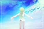  1boy clouds commentary_request day framed from_behind green_hair long_hair male_focus n_(pokemon) outdoors outstretched_arms pants pokemon pokemon_(game) pokemon_bw ponytail shirt sky sleeves_past_elbows solo translation_request twitter_username undershirt wafu_pkmn watermark white_shirt 