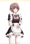  1girl 627247421 absurdres alternate_costume apron black_dress bow bowtie brown_eyes closed_mouth collared_dress commentary_request cowboy_shot dress earrings expressionless highres jewelry looking_at_viewer maid maid_apron nagato_yuki puffy_short_sleeves puffy_sleeves purple_hair red_bow red_bowtie short_hair short_sleeves simple_background solo standing suzumiya_haruhi_no_yuuutsu thigh-highs white_background white_thighhighs wrist_cuffs 