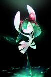  arms_up black_background closed_eyes colored_skin commentary_request dancing highres kirlia leg_up open_mouth pokemon pokemon_(creature) solo standing standing_on_one_leg wafu_pkmn white_skin 