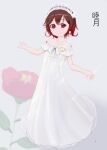  1girl alternate_costume brown_hair character_name collarbone crescent crescent_pin dress flat_chest full_body gradient_hair hairband highres jewelry kantai_collection kozzy.ta multicolored_hair mutsuki_(kancolle) necklace off-shoulder_dress off_shoulder red_eyes redhead short_hair solo wedding_dress white_dress white_hairband 