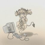  1girl animal_ears barefoot computer computer_monitor feet floating floating_object gnu-tan gradient_background horns instrument keyboard_(computer) linux mouse_(computer) os-tan pajamas recorder smile solo tail 